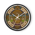 Black wall clock with white clock hands and hand-drawn pre-Columbian Sun God deity art by Bareta Fina Designs