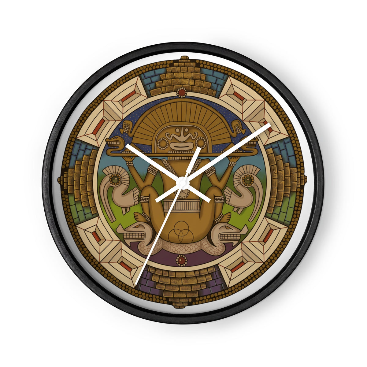 Black wall clock with white clock hands and hand-drawn pre-Columbian Sun God deity art by Bareta Fina Designs