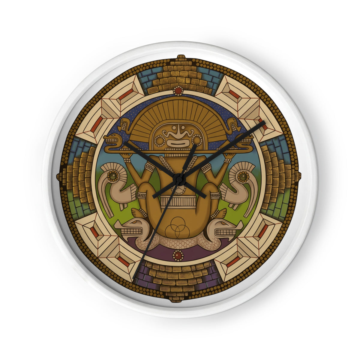 White wall clock with black clock hands and hand-drawn pre-Columbian Sun God deity art by Bareta Fina Designs