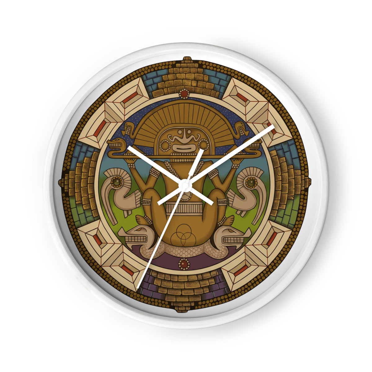 White wall clock with white clock hands and hand-drawn pre-Columbian Sun God deity art by Bareta Fina Designs