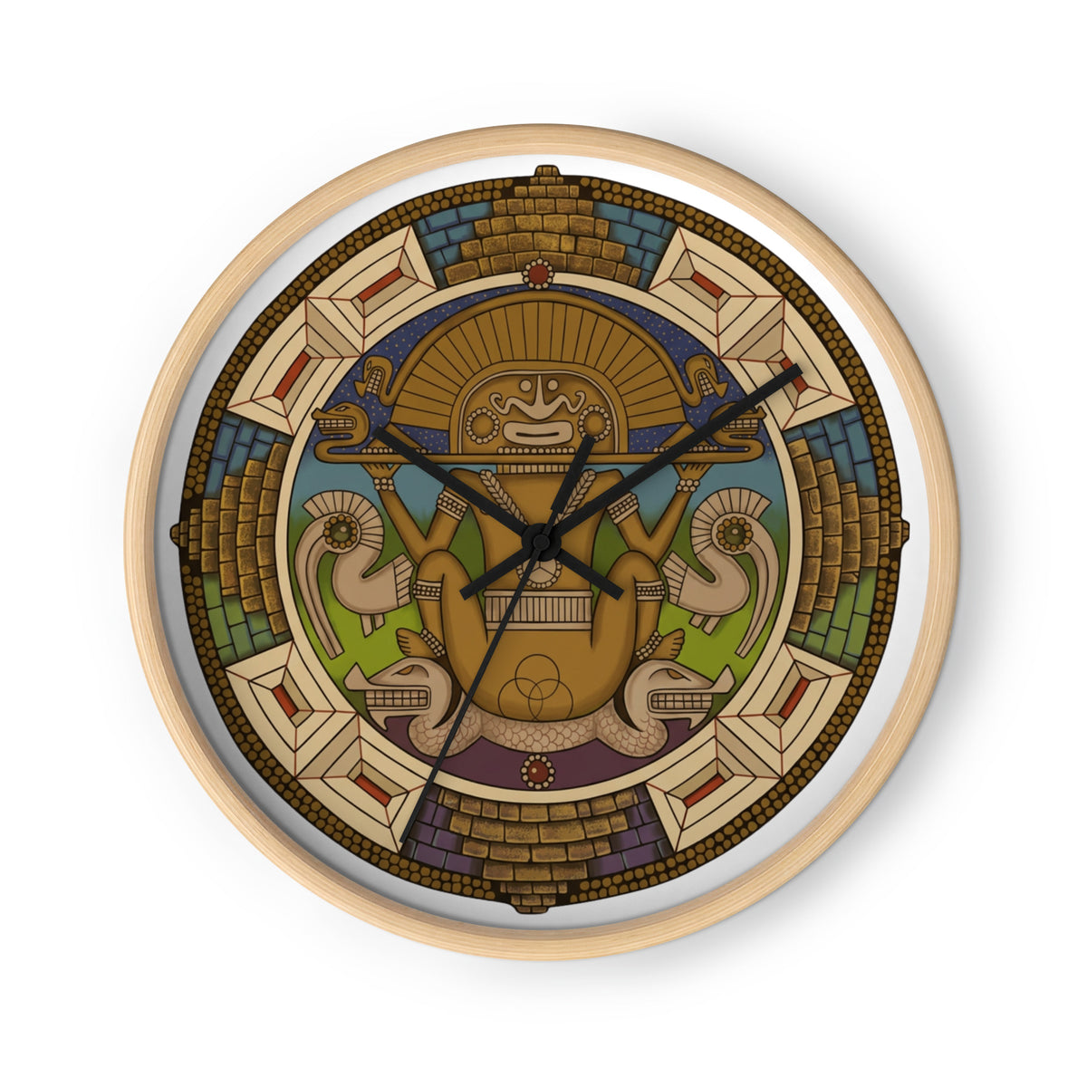 Wooden wall clock with black clock hands and hand-drawn pre-Columbian Sun God deity art by Bareta Fina Designs
