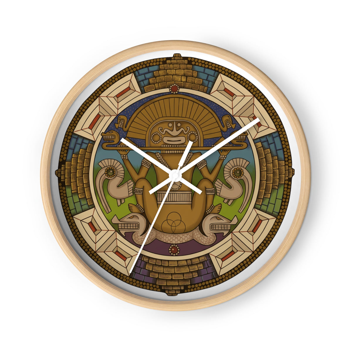 Wooden wall clock with white clock hands and hand-drawn pre-Columbian Sun God deity art by Bareta Fina Designs
